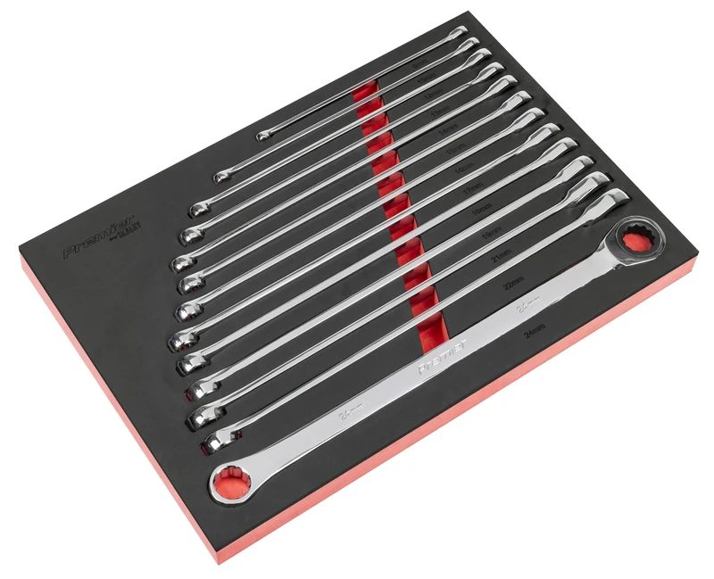 Sealey Premier Extra-Long Double Ring Ratchet/Fixed Spanner Set 13pc - AK63190