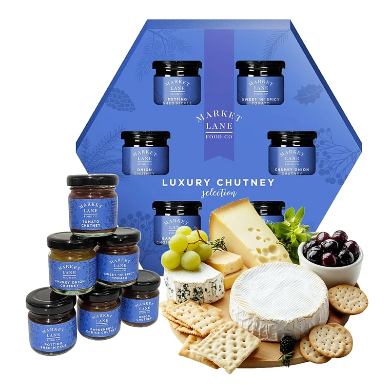 Selection of Savoury Chutneys Gift Set - Box of Mini Jars 6 x 35g Onion, Pickle, Spicy Tomato Chutney for Cheese. Great for Cheese Hampers, Food Gifts for Men, Birthday Gifts