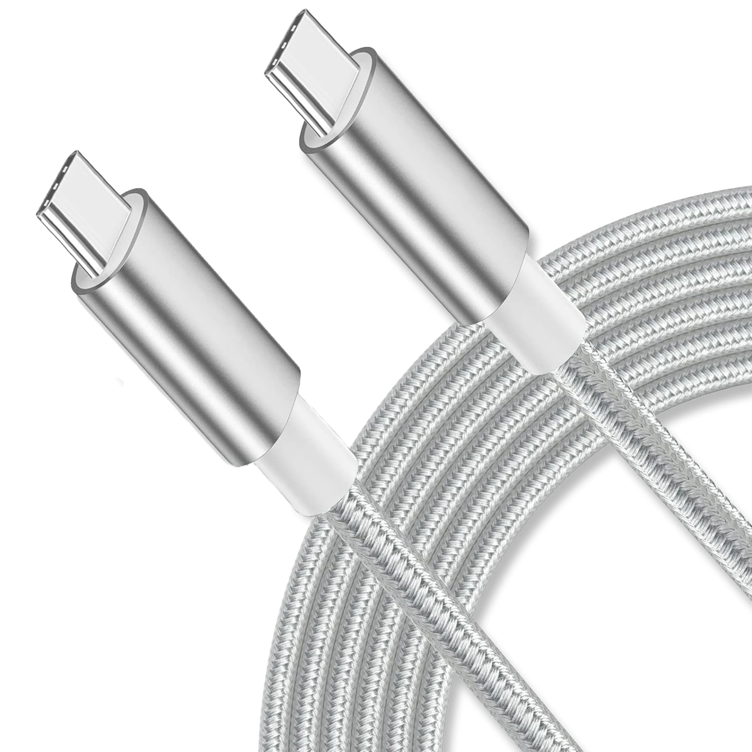 USB C to USB C Charger Cable Type-C Fast Charging Cable Braided for iPhone 15 Pro Max Plus for MacBook for iPad Pro Air/Pro for Samsung Galaxy S25/S24/S23/S22 (Grey/Silver, 2 Metres)