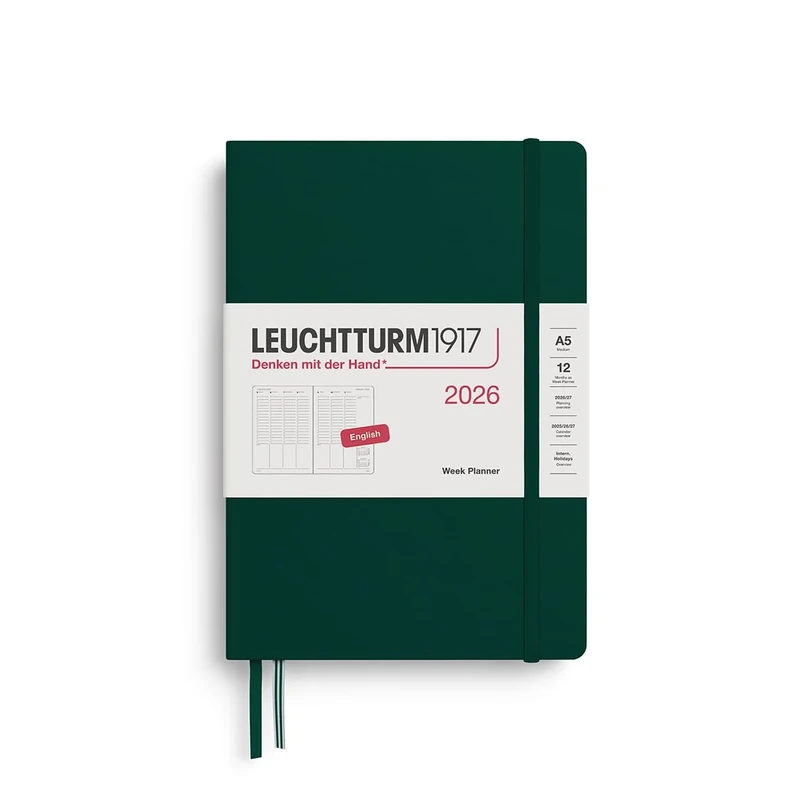 LEUCHTTURM1917 372763 Week Planner Medium (A5) 2026, 12 Months, Forest Green, English