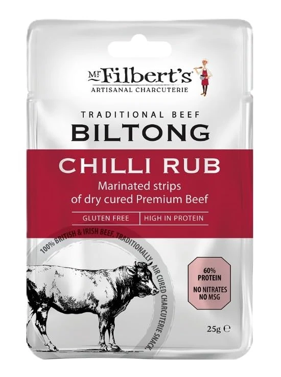 Mr Filbert’s Chilli Rub Biltong – 20 x 25g Snack Packs | High Protein Beef Snack | Air-Dried British Biltong with Chilli Spice