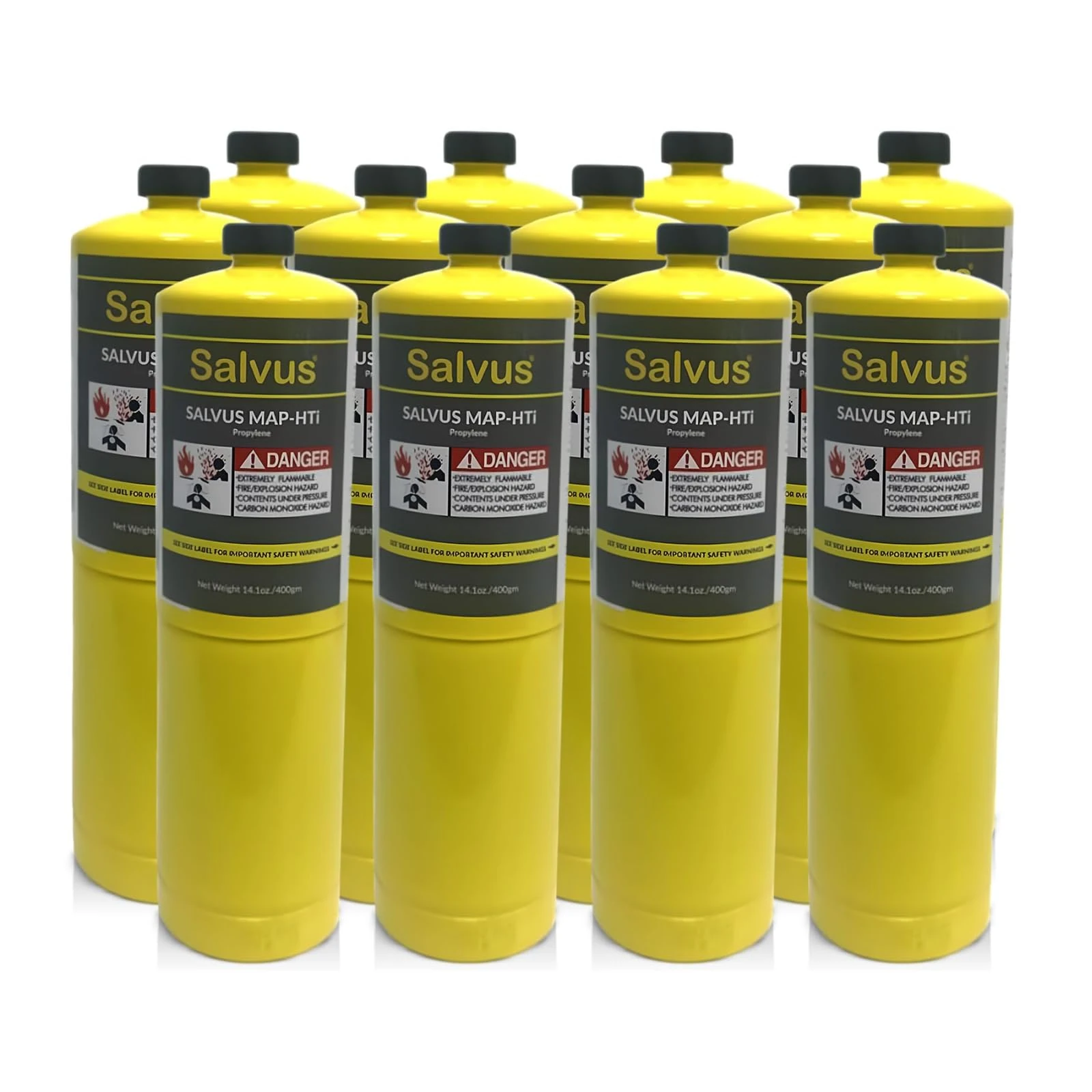 INTERGAS Salvus MAP-HTi Propylene Gas Cylinder 400g – High Purity >99.5% – Hotter Flame Blowtorch Fuel for Plumbing, Brazing, Welding, Soldering – CGA600 Torch Heads Compatible – Pack of 12