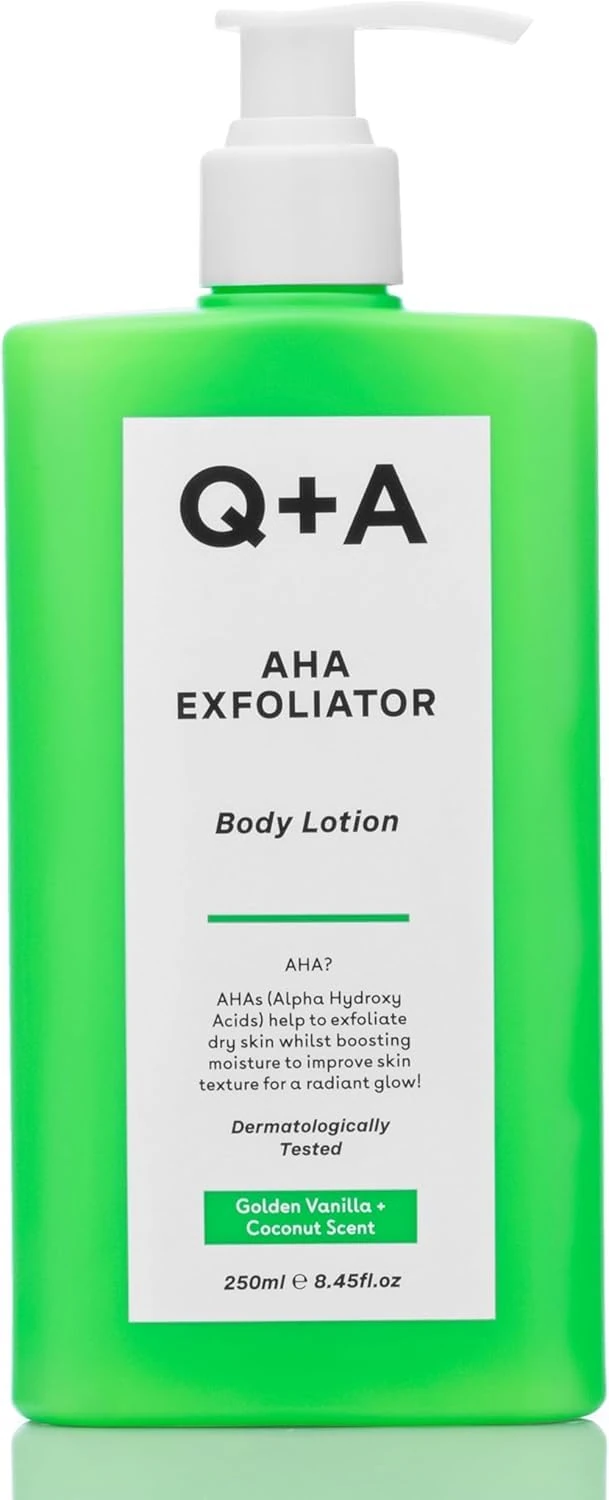 Q+A AHA Exfoliator Body Lotion (250ml), Exfoliating, Smoothing Body Moisturiser with Lactic Acid, Glycolic Acid and Fruit AHAs, Body Butter Alternative, Vegan Body Care