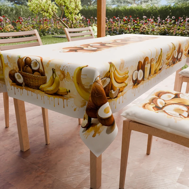 PETTI Artigiani Italiani - Rectangular Anti-Stain Tablecloth Kitchen Table Cover Coconut and Banana Fruit Design X24 Places (140 x 450 cm) 100% Made in Italy