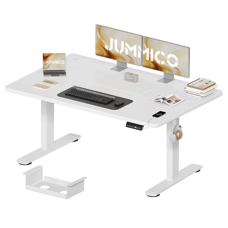 JUMMICO Height-Adjustable Desk 140 x 70 cm with Cable Tray, Height-Adjustable Electric Standing Desk with USB Socket, Computer Desk, Ergonomic Standing Seat Table, Office Table, White