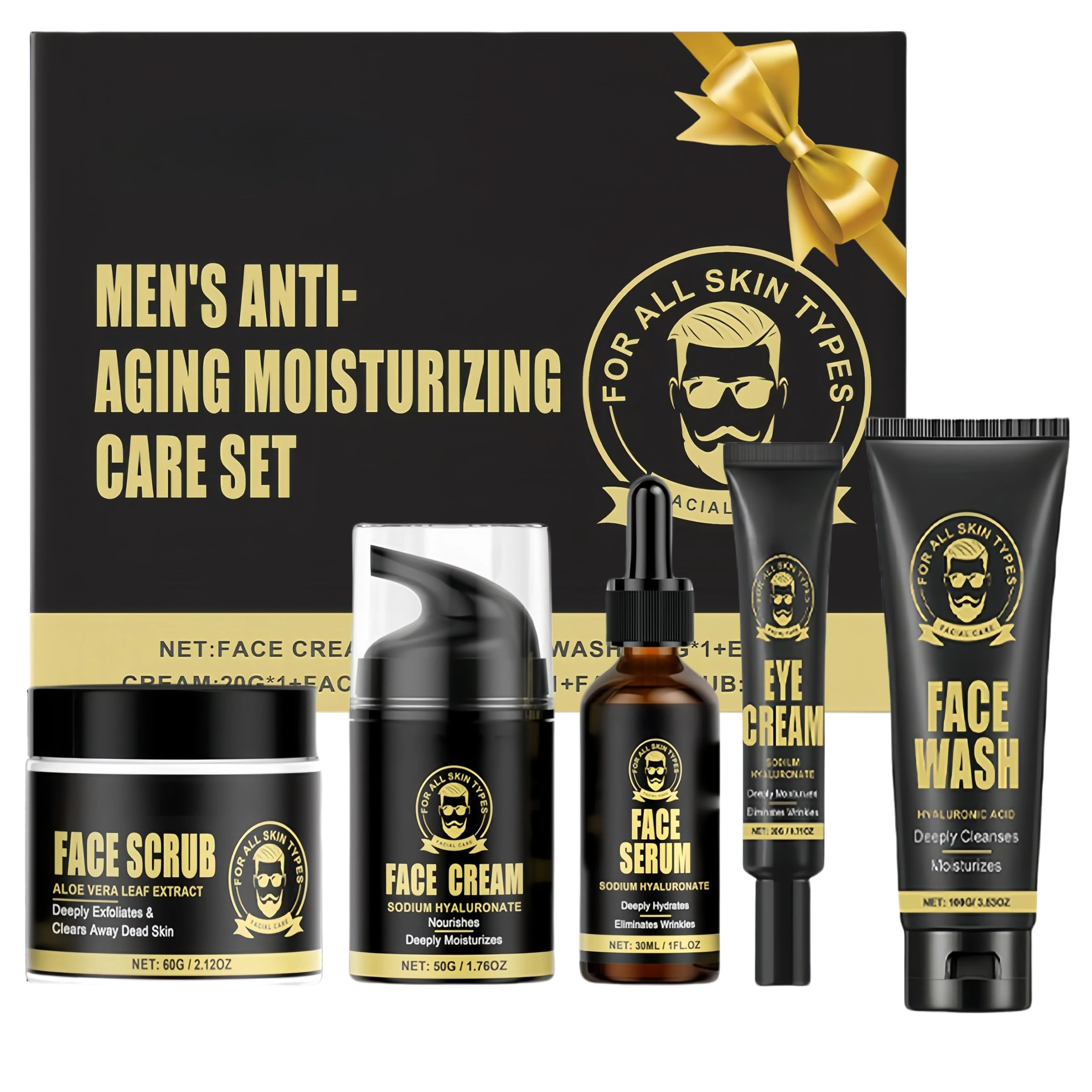 Men's Anti-Aging Care Set - Mens Skincare Set - Day/Night Moisturizer, Eye Cream & Anti-Wrinkle Serum - Gift-Ready Skincare Kit for Men - Combat Fine Lines & Revitalize Skin-5PCS