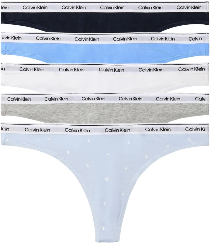 Calvin Klein Women THONG 5 PK BLUE (SHORELINE/BLUE DESCENT/WHITE/GRE) XL