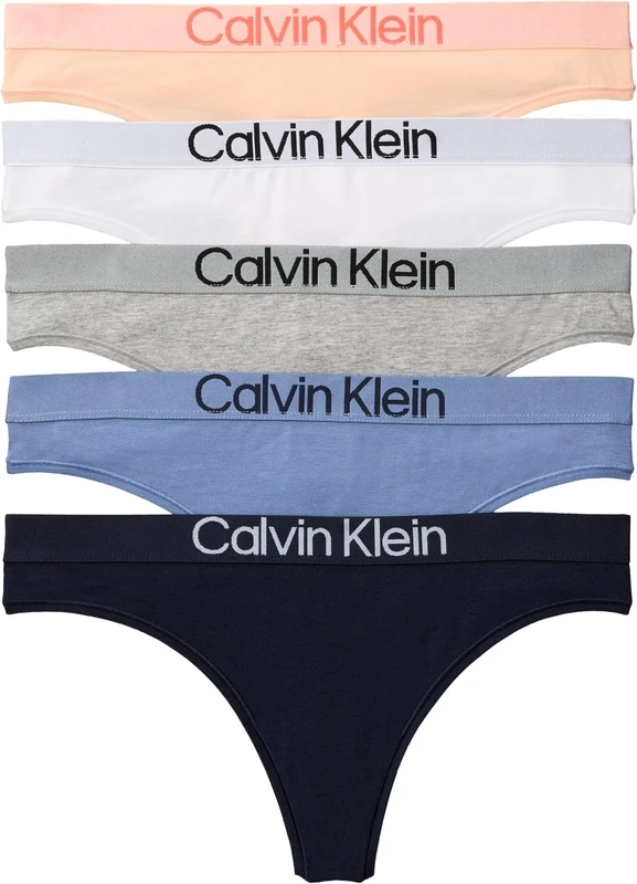 Calvin Klein Women's 5 Pack Thongs with Logo Waistband, Multicolor (Shoreline/White/Grey Htr/Blue Tu), XS