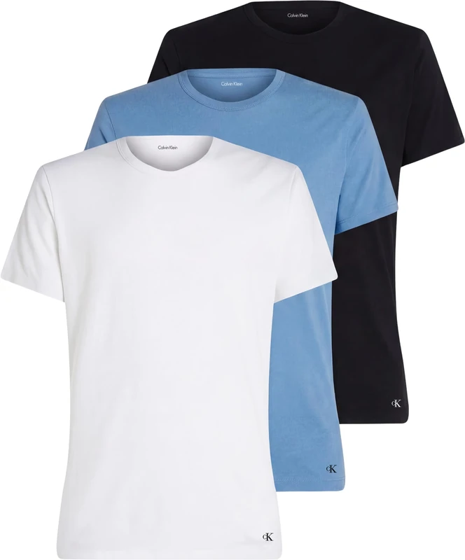 Calvin Klein Men’s 3 Pack Basic Short Sleeve Crew Neck T-Shirts, Multicolor (Black W Blue Descent Emb/Blue Desce), S