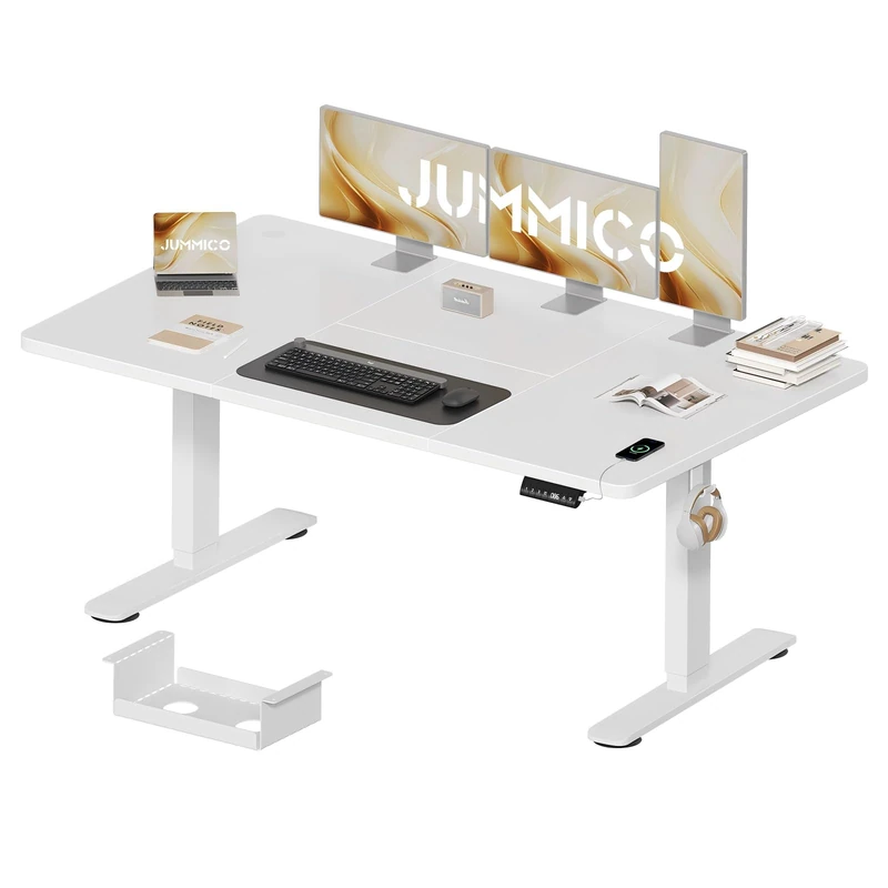 JUMMICO Height-Adjustable Desk 160 x 80 cm with Cable Tray, Height Adjustable Electric Standing Desk with USB Socket, Computer Desk, Ergonomic Standing Seat Table, Office Table, White