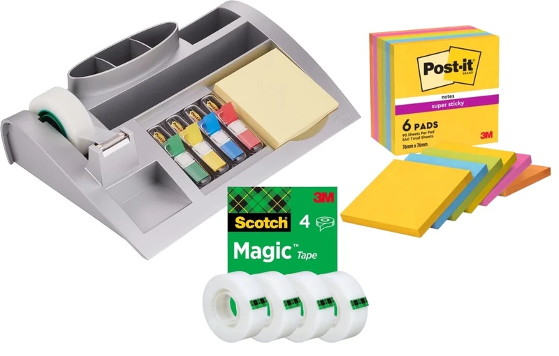 Post-it Desk Organiser with Stationery, Scotch Magic Tape 4 Rolls (19 mm x 33 m) + Post-it Super Sticky Notes, 6 Pads – Home, School and Office Supplies Set for Workflow, Labelling and Note Taking - Image 1
