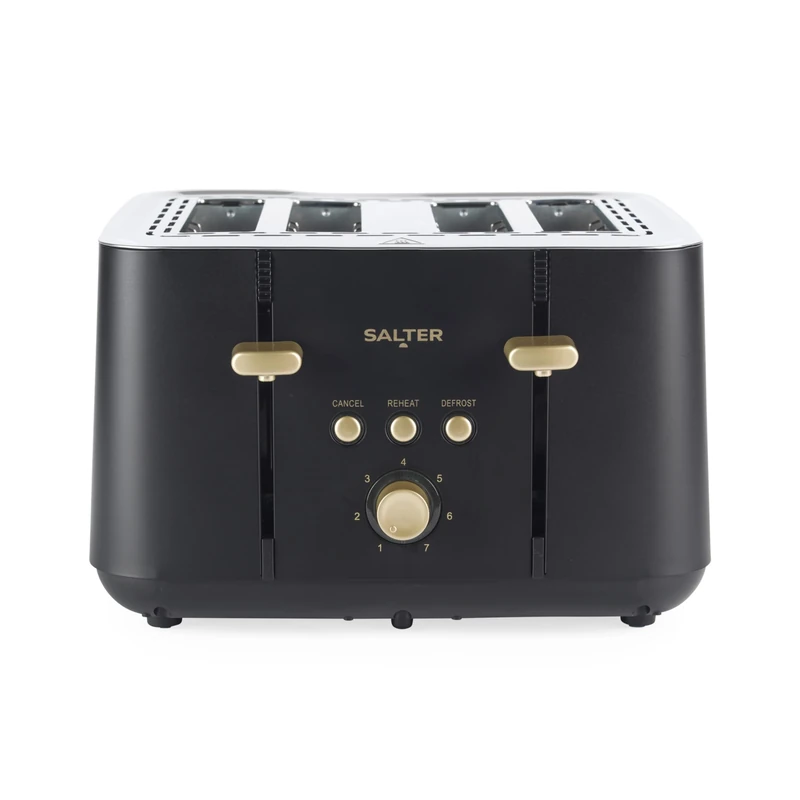 Salter Alchemy 4-Slice Toaster - 7 Levels of Browning, Wide Slots, Defrost, Reheat, Cancel Functions, High-Lift Eject, Removable Crumb Tray, Self-Centring, 1850W, Black/Gold