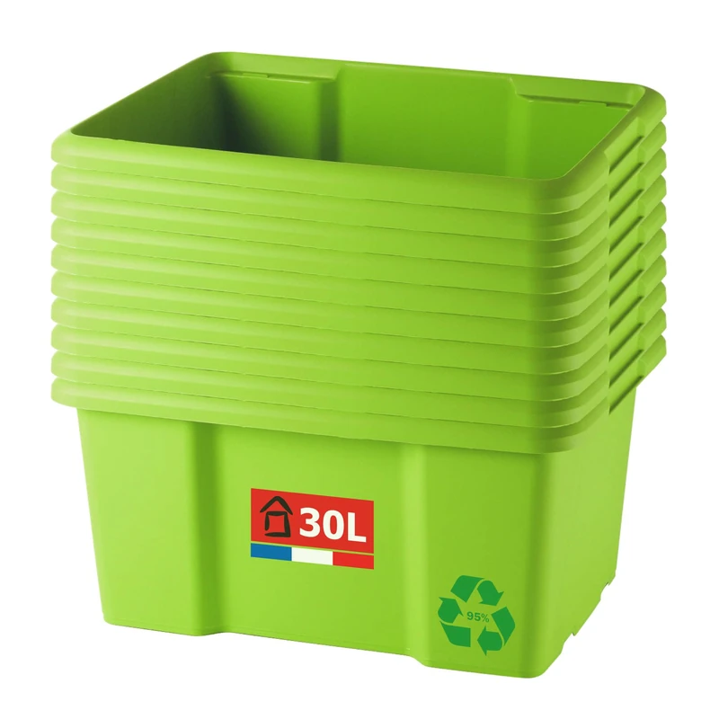 Sundis Set of 10 Storage Boxes, 30 L, Recycled Plastic, Green, Length 46.5 x Height 36.5 x Height 23 cm, Stackable, Versatile, Ideal for Workshop, DIY or Transport