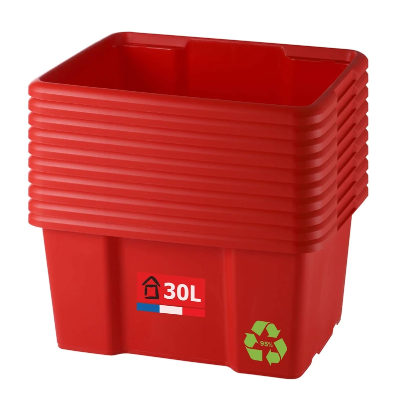 Sundis Set of 10 Storage Boxes, 30 L, Recycled Plastic, Red, Length 46.5 x Height 36.5 x Height 23 cm, Stackable, Versatile, Ideal for Workshop, DIY or Transport