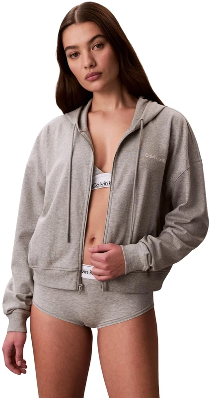 Calvin Klein Women's Full Zip Sweat Hoodie LV00QS7599 Sleep Top, Grey (Grey Heather), XL
