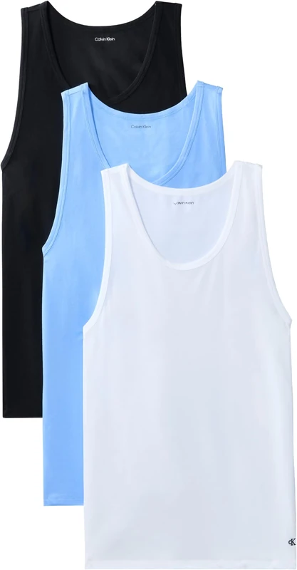 Calvin Klein Men’s 3 Pack Round Neck Tank Tops, Multicolor (Black W Blue Descent Emb/Blue Desce), M