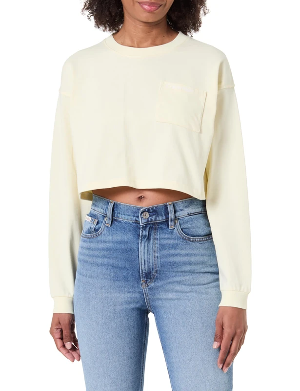 Calvin Klein Women's Logo Jersey Ls Crop Lv00Qs7516 Sleep Top, White (Pear Sorbet), L