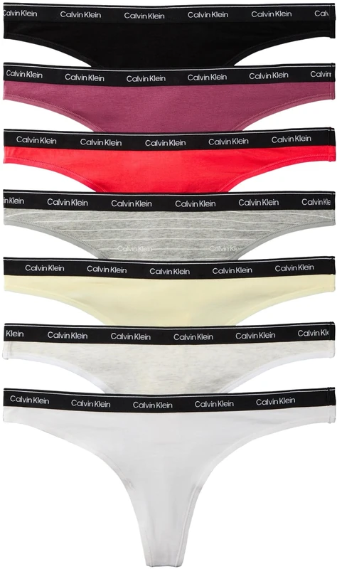 Calvin Klein Women THONG 7 PK RED (Blck/PrSrbt/ICNLGSTRP GRYHTHR/SnwHt) L