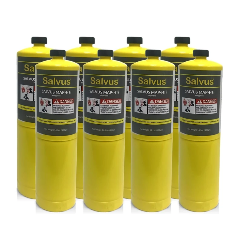 INTERGAS Salvus MAP-HTi Propylene Gas Cylinder 400g – High Purity >99.5% – Hotter Flame Blowtorch Fuel for Plumbing, Brazing, Welding, Soldering – CGA600 Torch Heads Compatible – Pack of 8