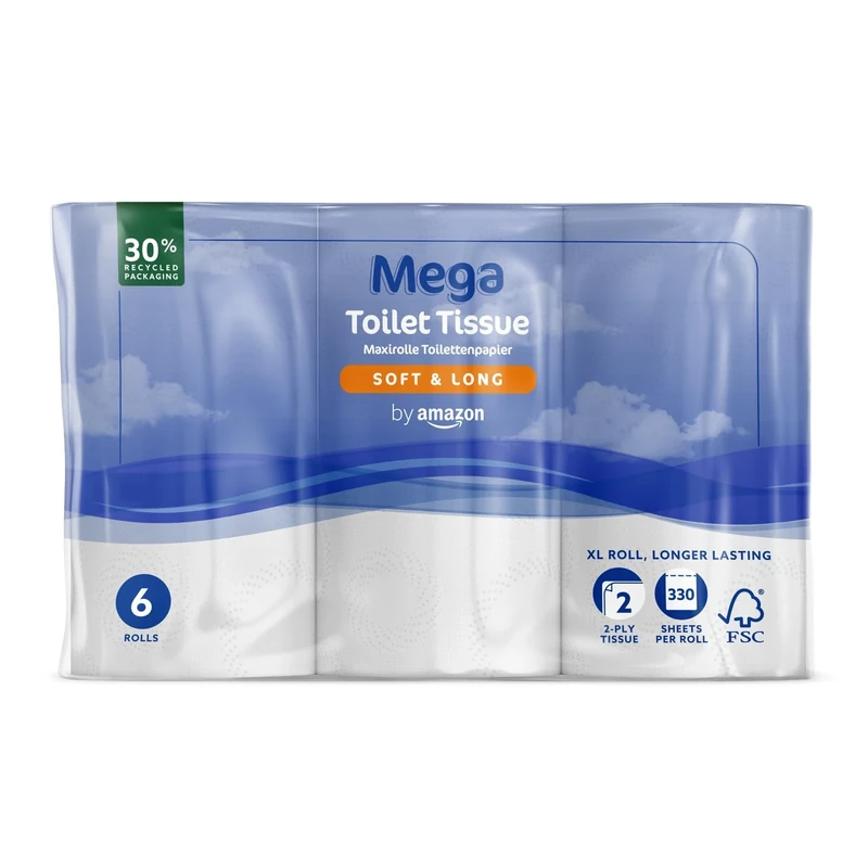 By Amazon Mega Toilet Roll, 2-Ply, Soft and Long, 6 Rolls (1 Pack of 6), 330 Sheets per Roll - Extra Long Roll, Lasts Longer