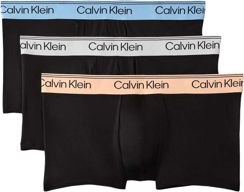Calvin Klein Men LOW RISE TRUNK 3PK BLACK (Black Bodies w/Gulf Blue/Light Cas) S