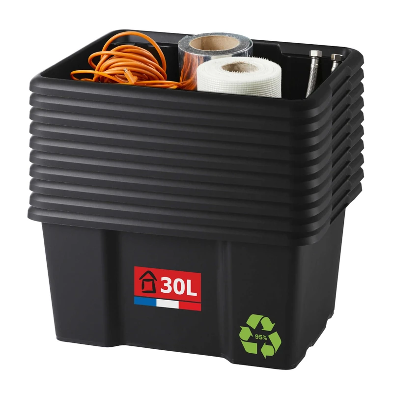 Sundis Set of 10 Storage Boxes, 30 L, Recycled Plastic, Black, Length 46.5 x Height 36.5 x Height 23 cm, Stackable, Versatile, Ideal for Workshop, DIY or Transport - Image 1