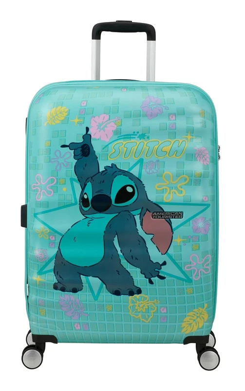 American Tourister Wavebreaker Disney Children's Suitcase Stitch Flower 67 cm Medium Size, Hard Case with 4 Wheels, TSA Lock, 64 L