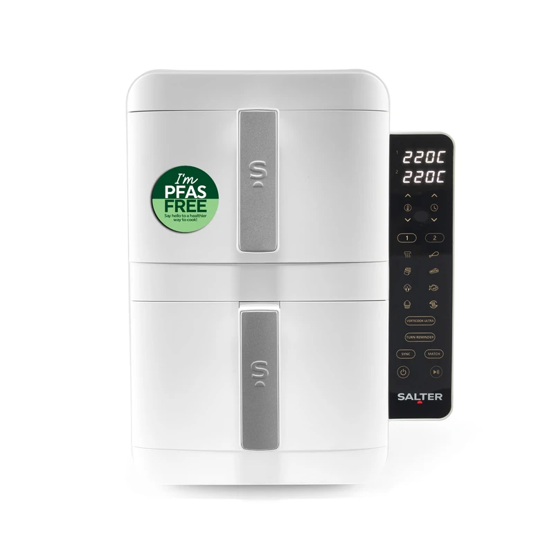 Salter VertiCook Ultra Stackable Air Fryer - Vertical 9 L Digital, 2 x 4.5L Baskets & Racks, 9 Functions, Sync & Match, PFAS-Free Grill Tray, Space Saving, 60-230°C, 60-Minute Timer, 2400W, White