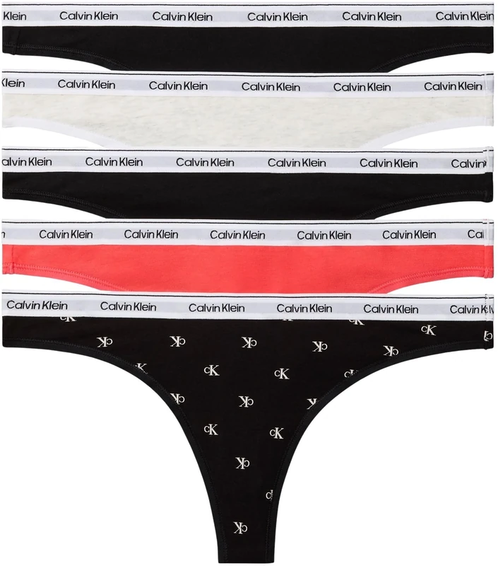 Calvin Klein Women THONG 5 PK PINK (BLACK/BLACK/SNOW HEATHER/PUNCH P) M