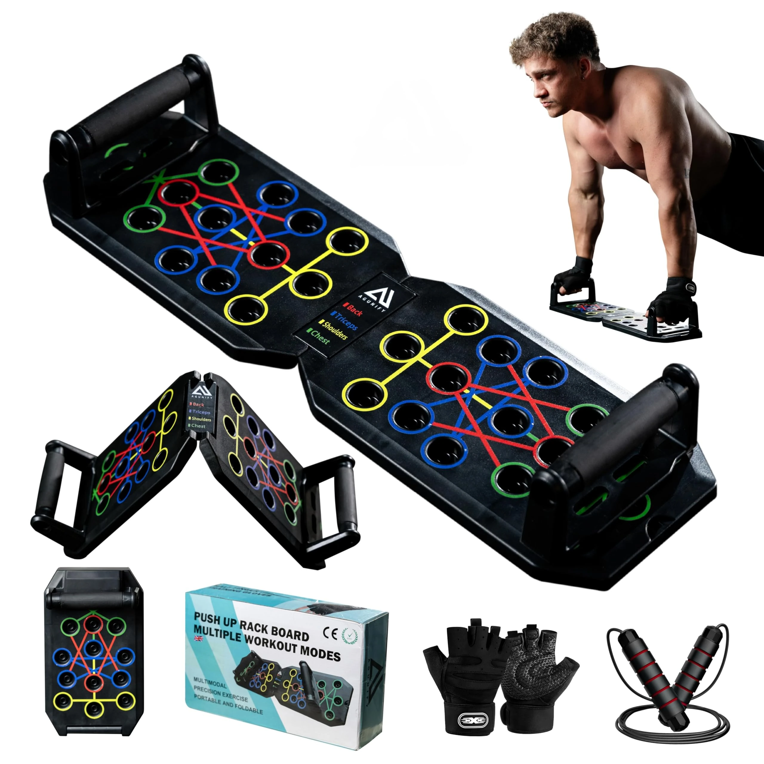 AGUNIFY Foldable Push Up Board Set Multifunctional Press Up Board Home Gym Equipment Fitness & Workout Equipment Strength Training Gym Equipment Workout Gifts For Men With Skipping Rope And Gym Gloves