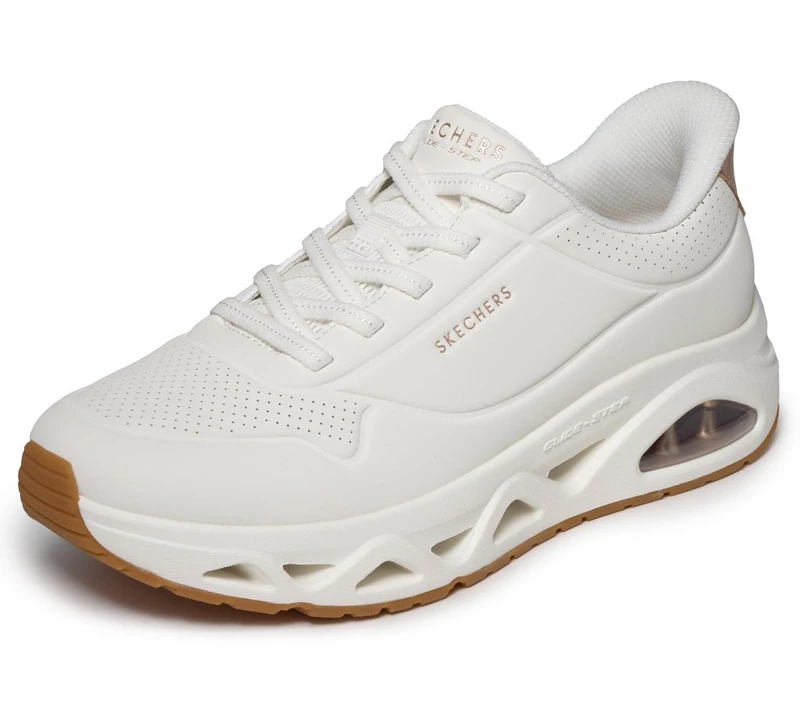 Skechers Women's Uno Glide-Step Glide On Air Sneaker, White Durabuck/Rose Gold Trim, 6.5 UK