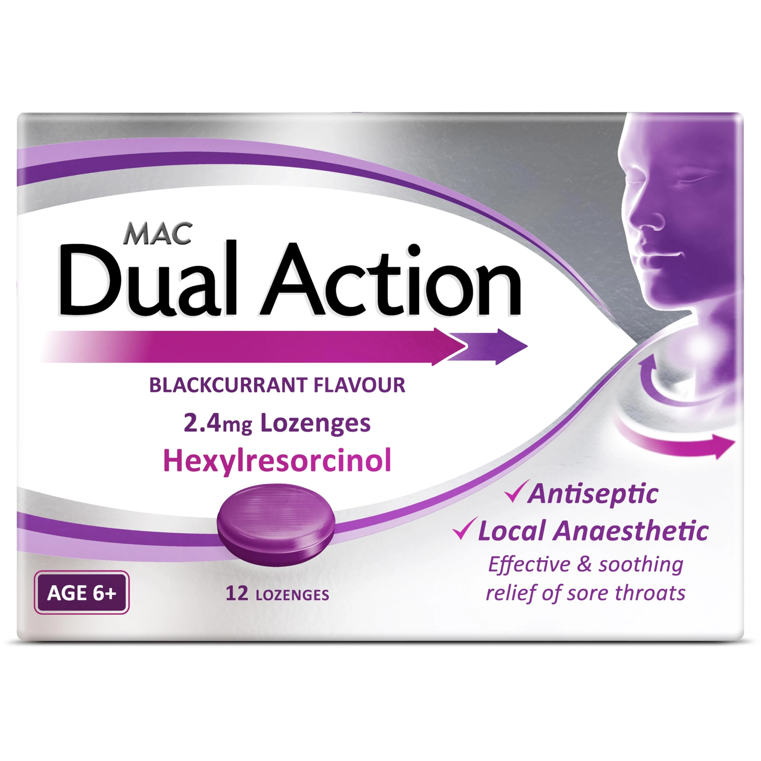 Mac Dual Action Blackcurrant Flavour 12 Lozenges - Effective & Soothing Relief of Sore Throats and Associated Pain