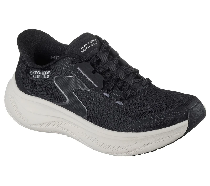 Skechers Women's Skech Cloud Plush Horizon Slip-On Sneakers, Black Mesh/Synthetic/White Trim, 3 UK