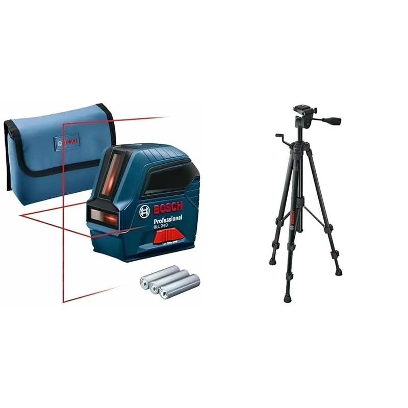 Bosch Professional Laser Level GLL 2-10 (red Laser, Working Range: up to 10 m, 3X Batteries AA, Pouch) + Tripod BT 150 (Height: 55-157 cm, Thread: 1/4")
