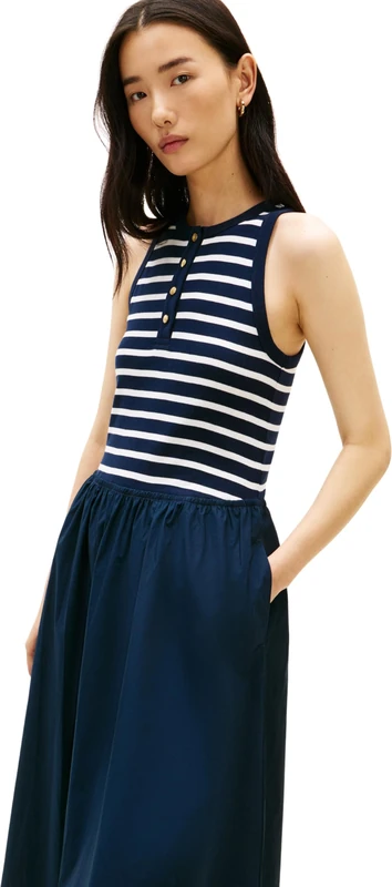 Tommy Hilfiger Women's Gold Button Poplin Mix Dress WW0WW49628, Blue, XXS