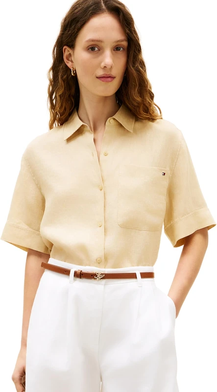 Tommy Hilfiger Women’s Shirt Linen Relaxed Fit, Beige (Harvest Wheat), M