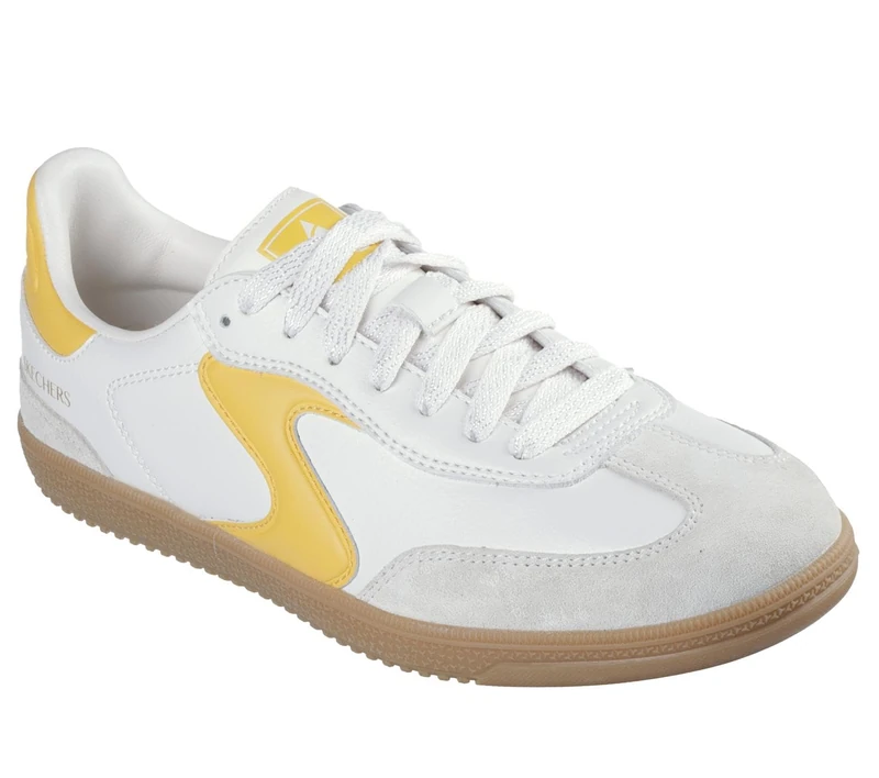 Skechers Women's Hotshot Kickoff Sneaker, White Duraleather/Leather/Yellow Trim, 7 UK