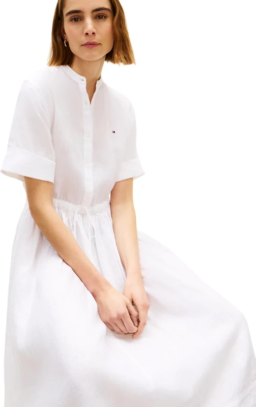 Tommy Hilfiger Women's Ess Linen Midi Ss Shirt Dress WW0WW49633, White, M