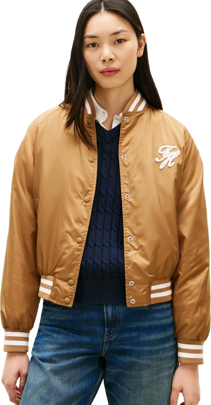 Tommy Hilfiger Women's Bomber Jacket Varsity Nylon with Baseball Collar, Brown (Hickory), S