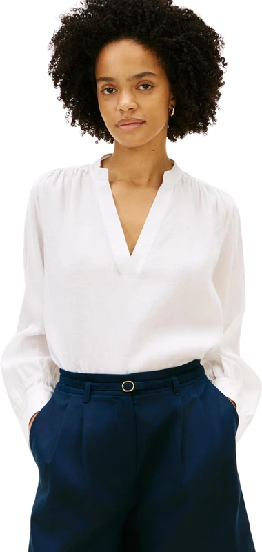 Tommy Hilfiger Women’s Blouse Essential Linen with V-Neck, White (Th Optic White), XL