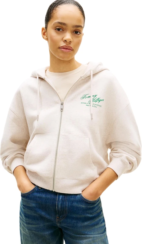 Tommy Hilfiger Women’s Hoodie with Zip Script Zip Terry in Cotton, Off-White (Heather Oatmilk), S