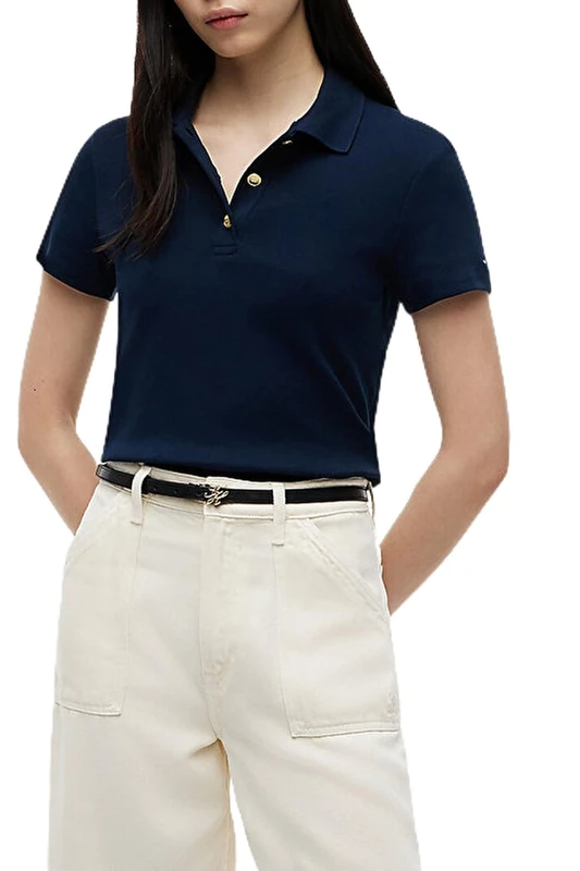 Tommy Hilfiger Women's Gold Button Slim Ss Polo Ww0Ww45768, Blue, M