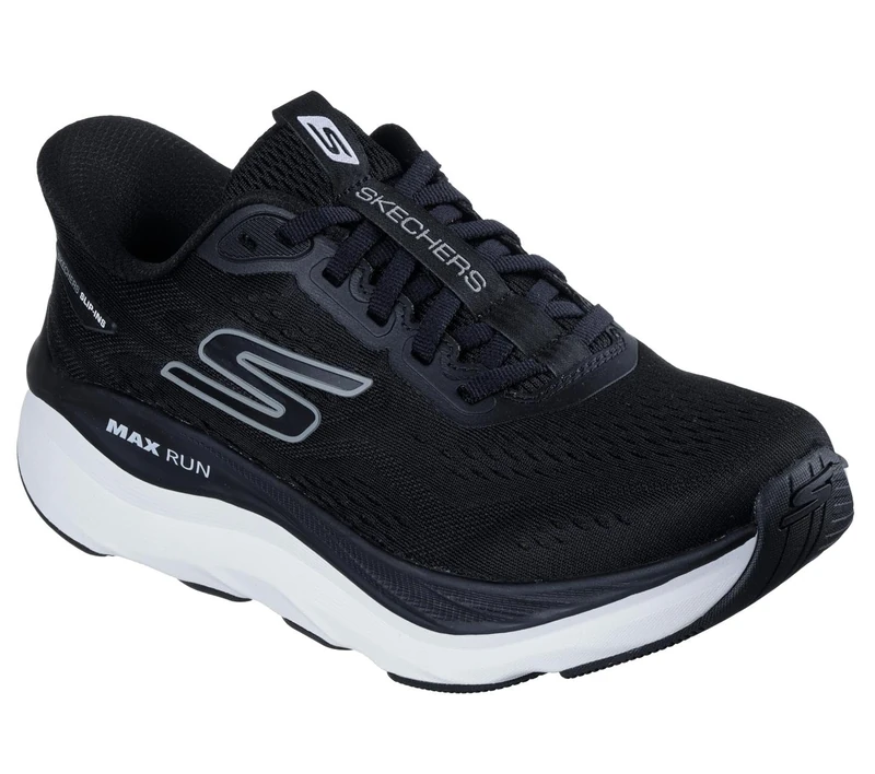 Skechers Women's Max Run Sneaker, Black Textile/White Trim, 3 UK