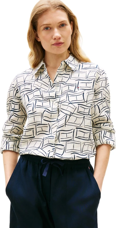 Tommy Hilfiger Women's Ess Linen Relaxed Ls Shirt WW0WW44679, White, 36