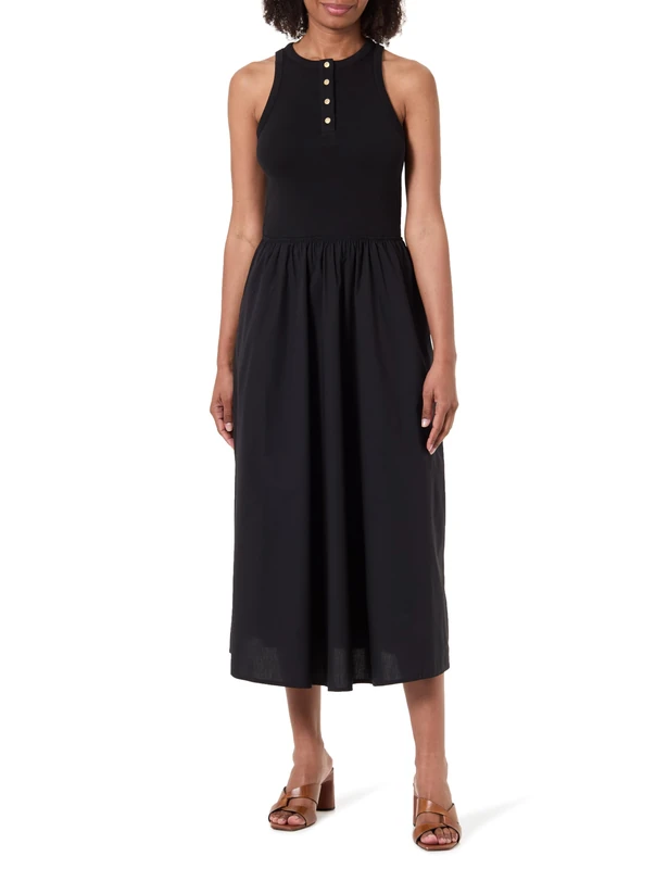 Tommy Hilfiger Women's Gold Button Poplin Mix Dress WW0WW49628, Black, XL