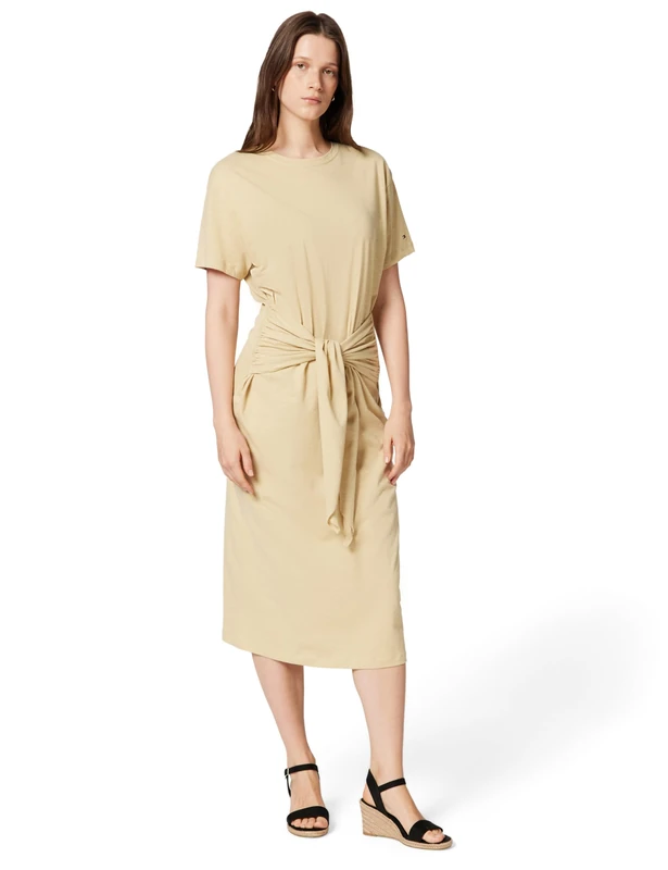 Tommy Hilfiger Women's Co Slub Knot Midi DRS WW0WW48747, Beige, XL - Image 1