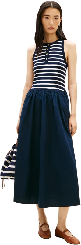 Tommy Hilfiger Women's Gold Button Poplin Mix Dress WW0WW49628, Blue, XL