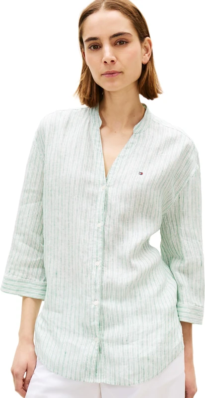 Tommy Hilfiger Women’s Shirt Linen Collarless Half Sleeve, Green (Chalk STP Ecru Courtside Green), XXS
