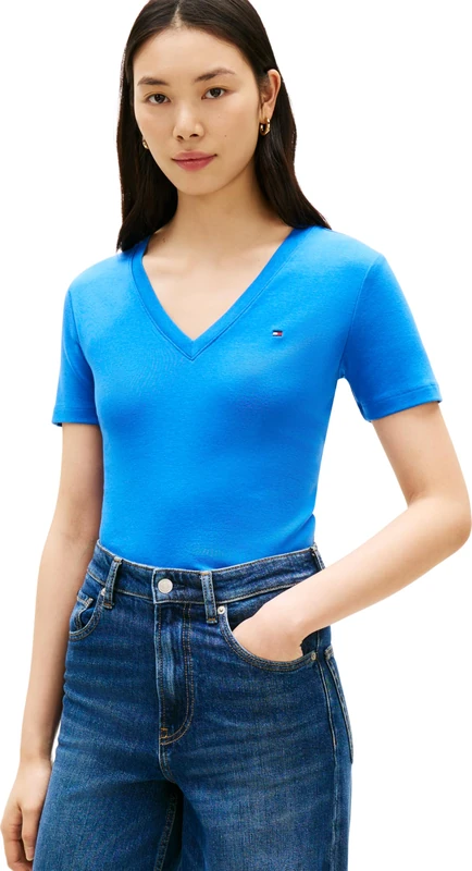 Tommy Hilfiger Women's Slim Cody V-Nk Ss Ww0Ww40584, Blue, XL