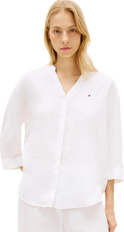 Tommy Hilfiger Women’s Shirt Linen Collarless Half Sleeve, White (Th Optic White), XXS
